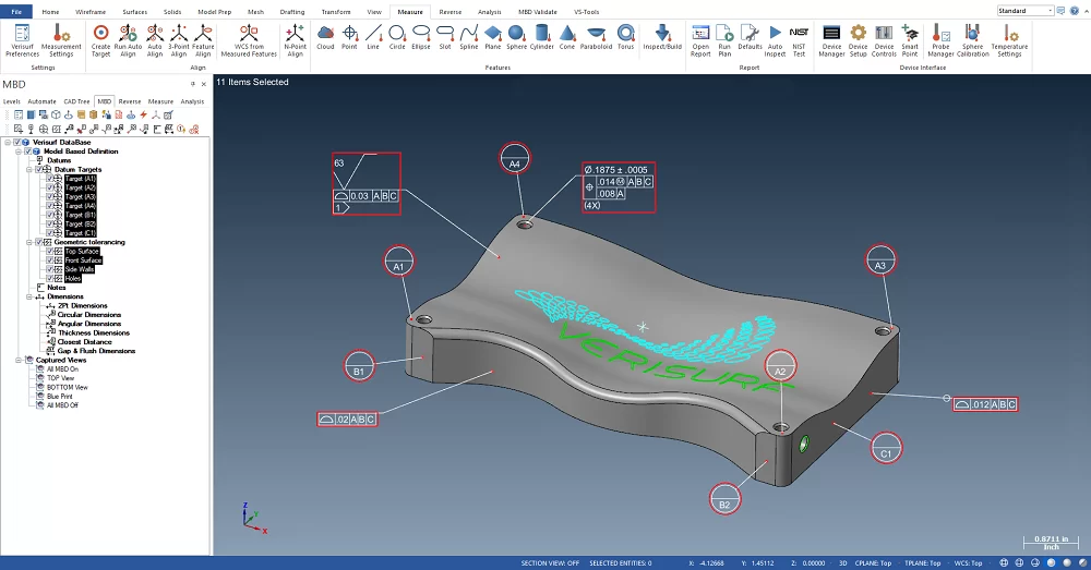 “Verisurf MBD to Plan”, GT&T ek açıklamalarını çıkaran ve otomatik olarak bir denetim planı oluşturan otomatik bir CMM programlama özelliğidir.
